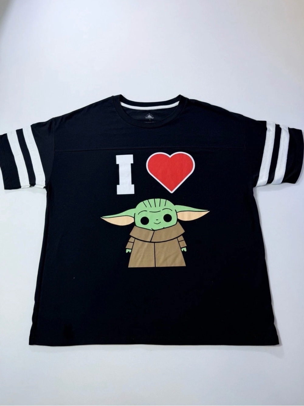 Disney Black Tee with Green Baby Yoda and Red Heart